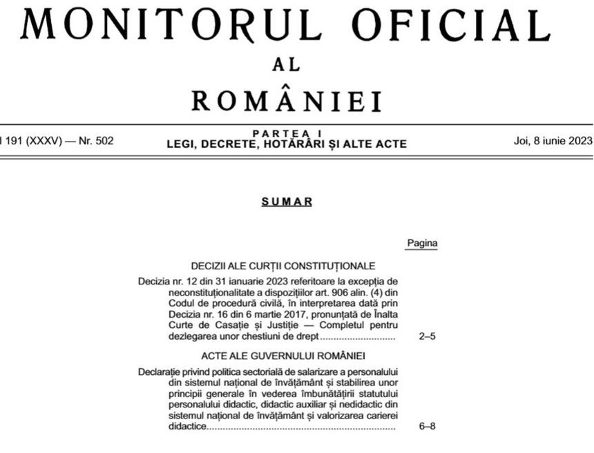 Declaraţia privind politica de salarizare a personalului din învăţământ, publicată în MOf
